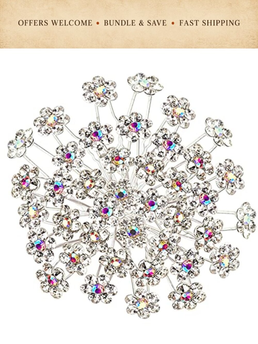 Rhinestone Flower Hair Pins 40 Pcs U-Shaped Crystal Wedding Bridal Hair